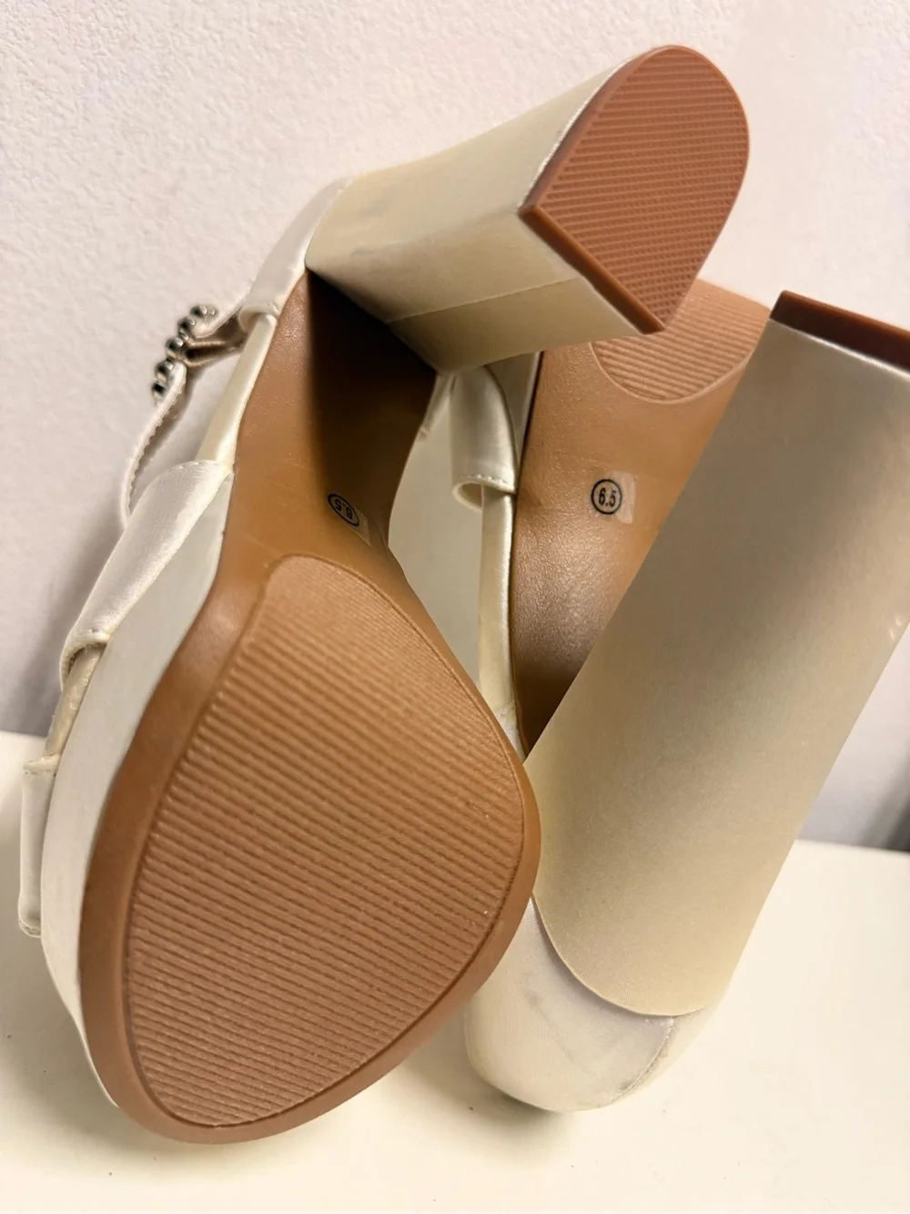 Lulu's Ivory Satin Platform Block Heel Sandals with Rhinestone Buckle